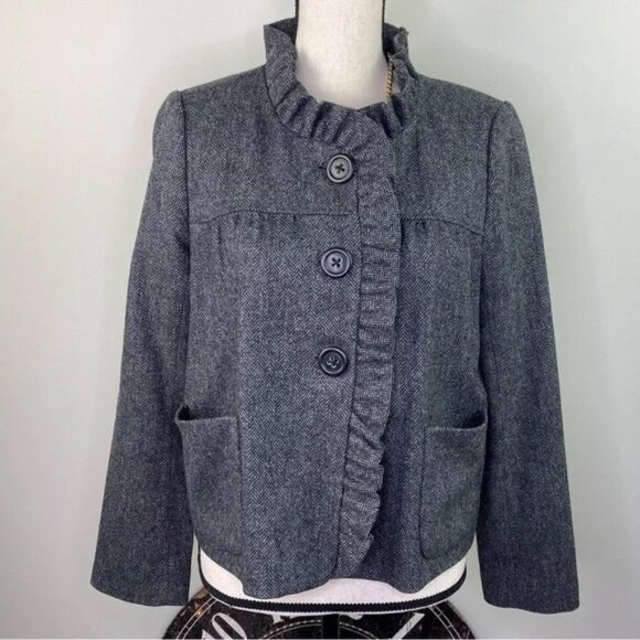 J.Crew Gray Herringbone Donegal Fiona Ruffle collar Blazer jacket size 6 - Picture 5 of 6